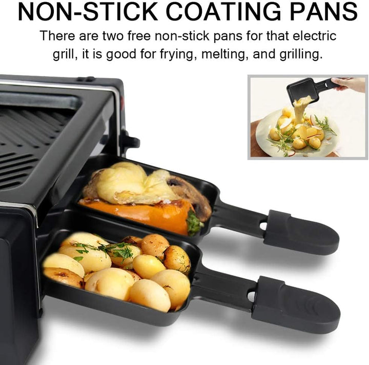 HengBO Mini Raclette, Raclette Grill für 1 bis 2 Personen, Antihaftbeschichteten Grillplatte, 2 Pfan