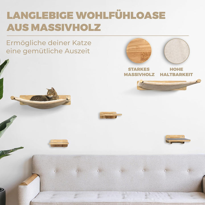WOOWOOD® Kletterwand Katzen inkl. 2X Katzentreppe Wand [Massivholz] I Kratzbaum Wand I Hängematte Ka