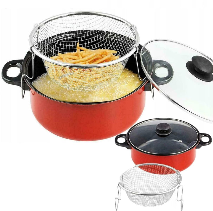 FRYER TOPF FISCH POMMES FRITES HUHN KRAPFEN SIEB FRITEUSE + KORB, Frittiertopf aus mit Glasdeckel In