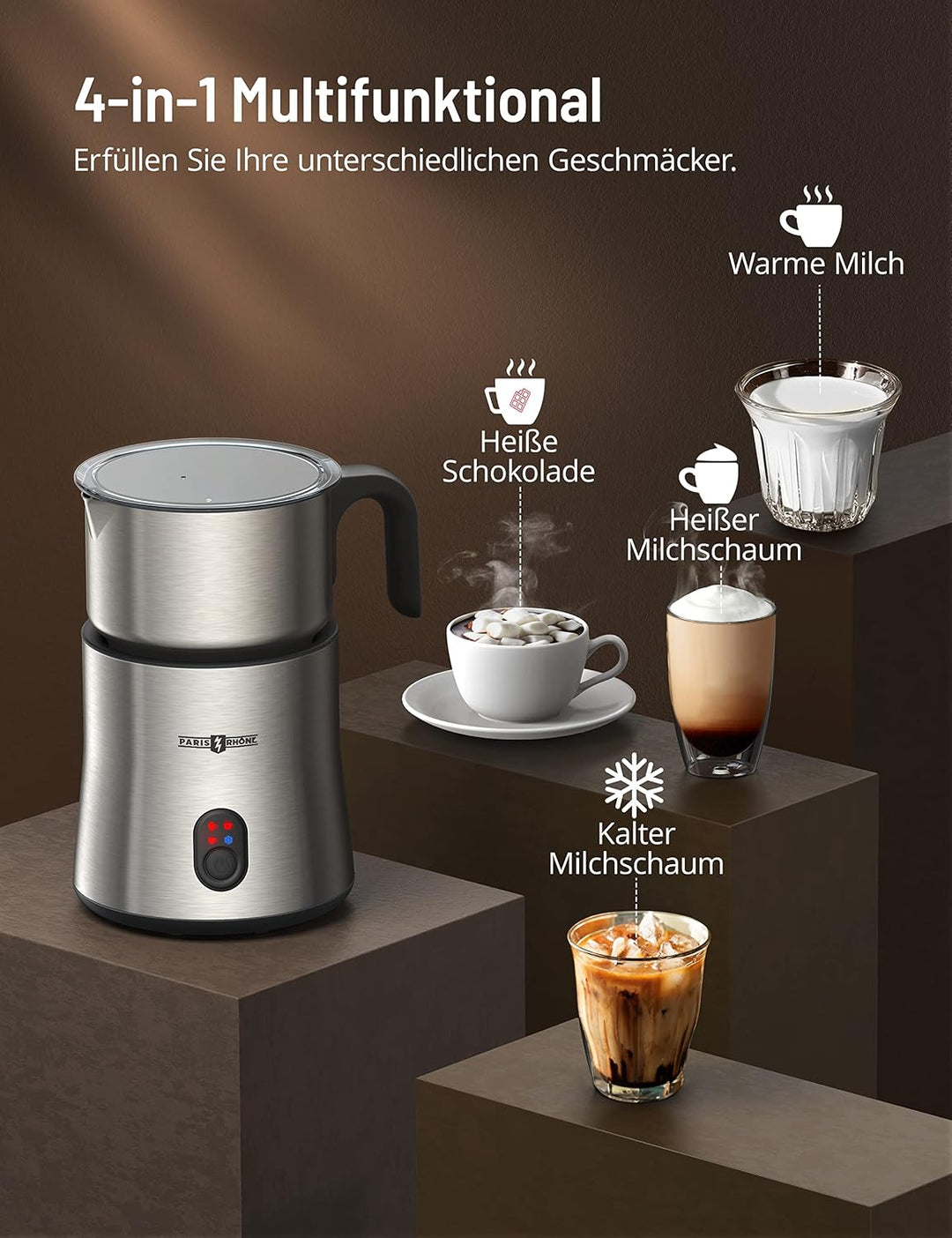 PARIS RHÔNE Milchaufschäumer, 4-in-1 500ML Milchaufschäumer Elektrisch Induktion, Spülmaschinenfest,