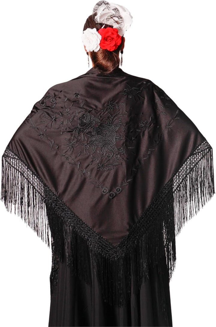 AMINA JAADE Damen Spanischer Flamenco Manila Schal 42 Schwarz, Stickerei Schwarz, 42 Schwarz, Sticke