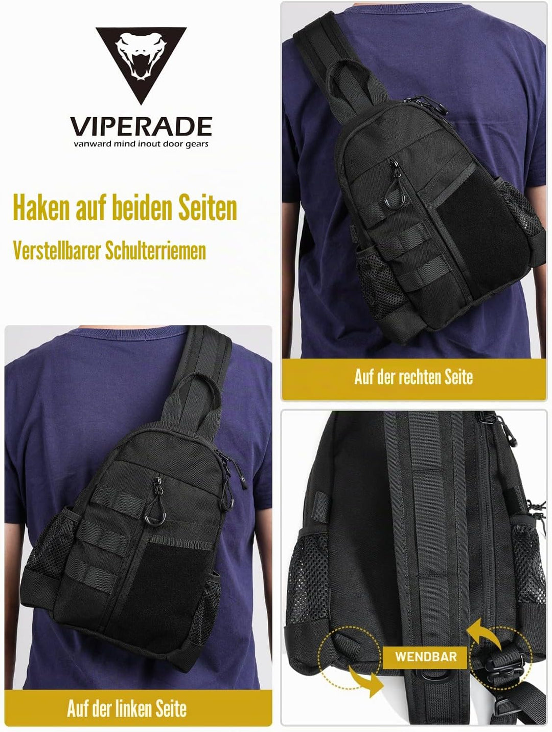 VIPERADE CHS1 EDC Brusttasche Herren Schultertasche,Leichter Sling Bag Klein Sling Rucksack mit vers