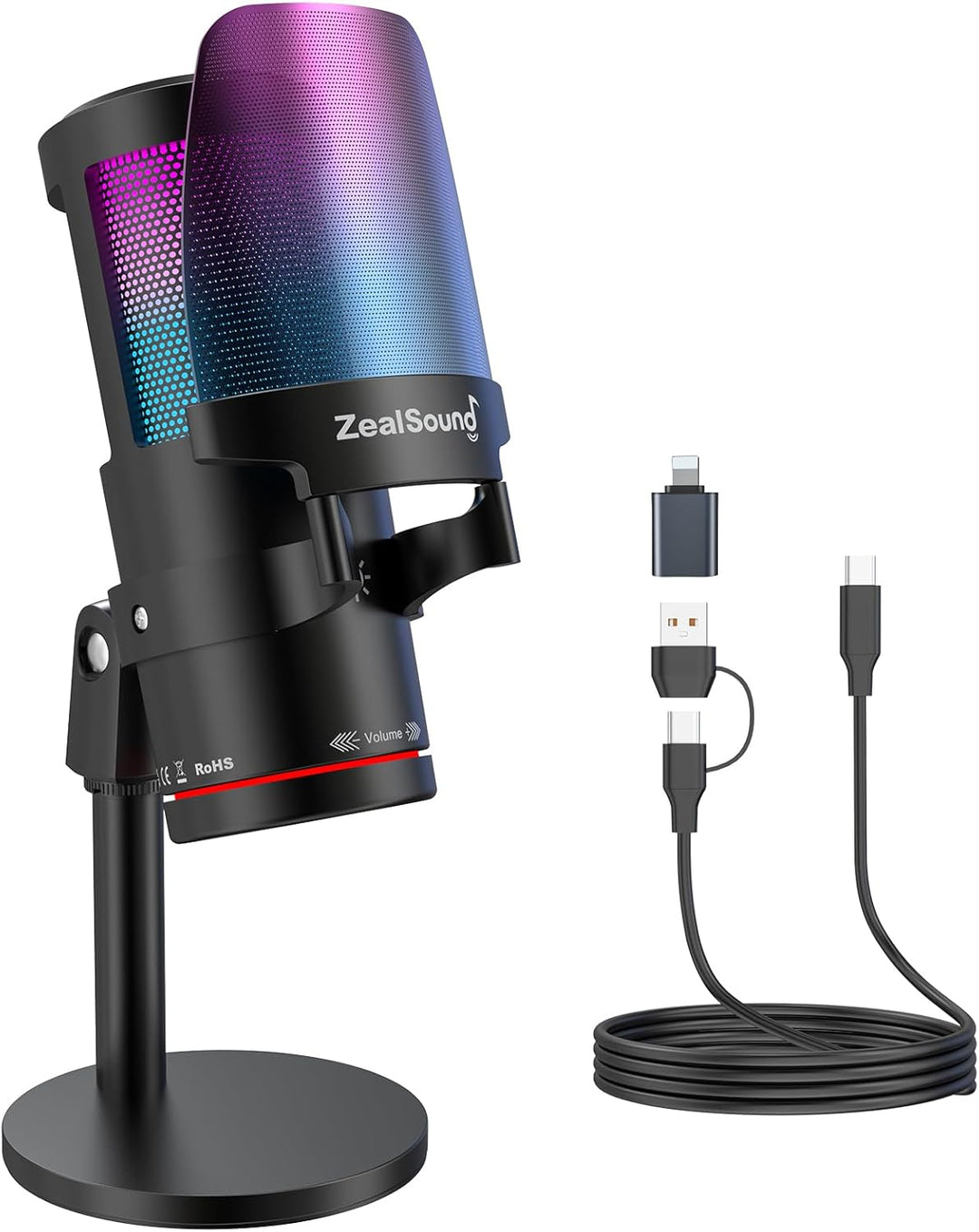 ZealSound Gaming Mikrofon PC, RGB Tischmikrofon mit USB-C &Lightning Adapter,Touch-Stummschaltung, G