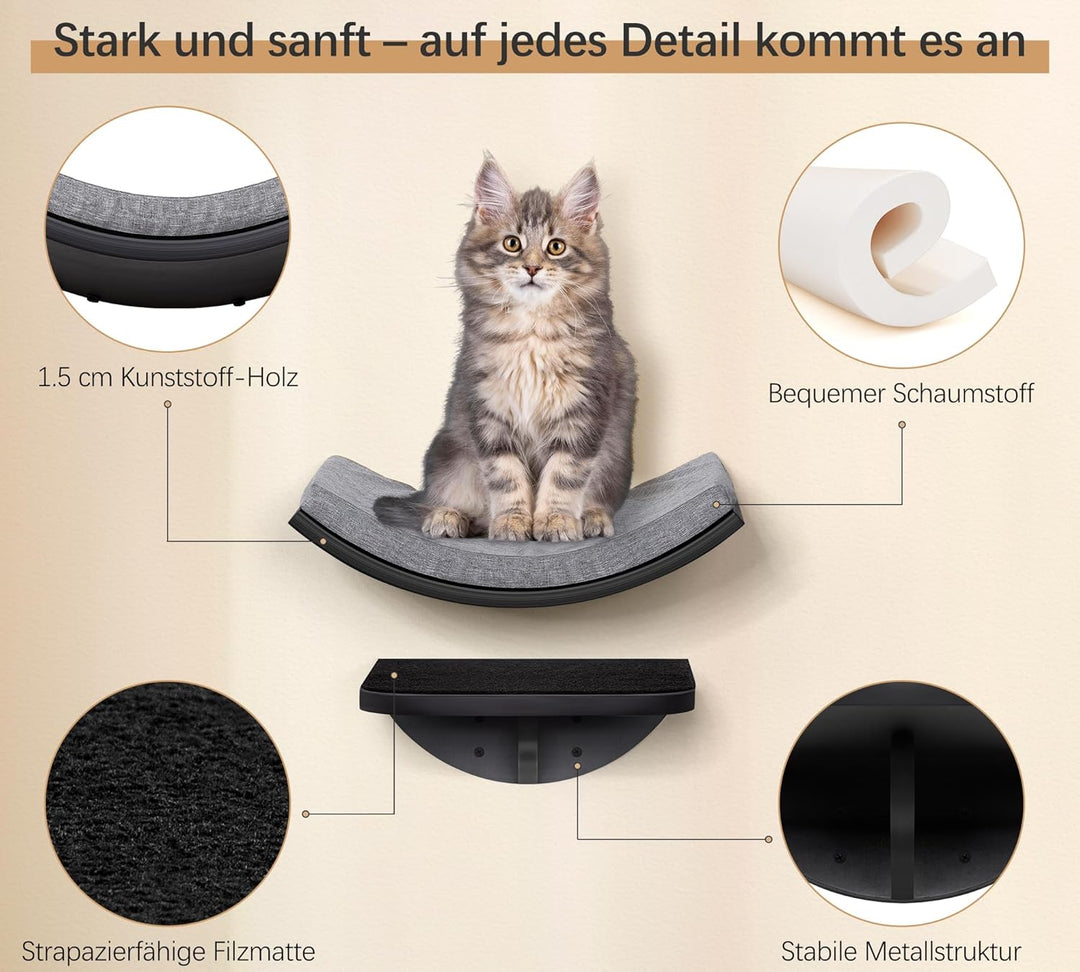 Gebogenes Katzen-Wandregal, Katzen Kletterwand mit Schaumstoffmatte, Wandmontiertes Massivholz Katze