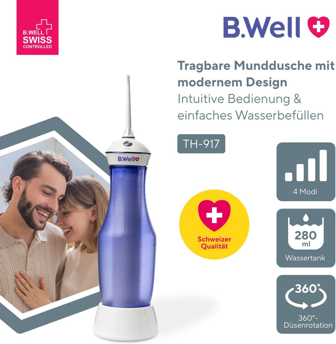 B.Well Swiss tragbare und kabellose Munddusche TH-917, 4 Betriebsmodi inkl. individuellem Modus, 280