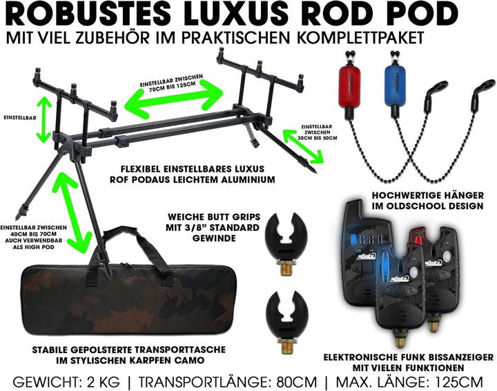 Angel-Berger Magic Baits Luxus Rod Pod mit Funkbissanzeiger Set Tasche Rutenauflagen Bite Indicator