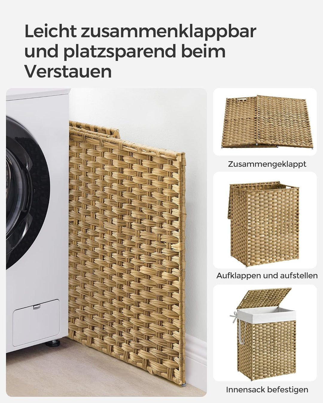 SONGMICS Wäschekorb 90 Liter, handgeflochten, Wäschesammler aus synthetischem Rattan, mit Deckel und