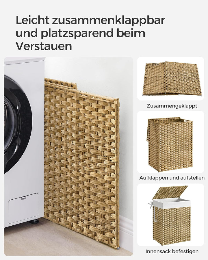 SONGMICS Wäschekorb 90 Liter, handgeflochten, Wäschesammler aus synthetischem Rattan, mit Deckel und