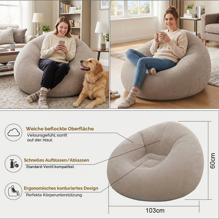 Aufblasbarer Bean Bag Sessel, inklusive Handluftpumpe | Wasserfestes PVC, platzsparend faltbar, bela