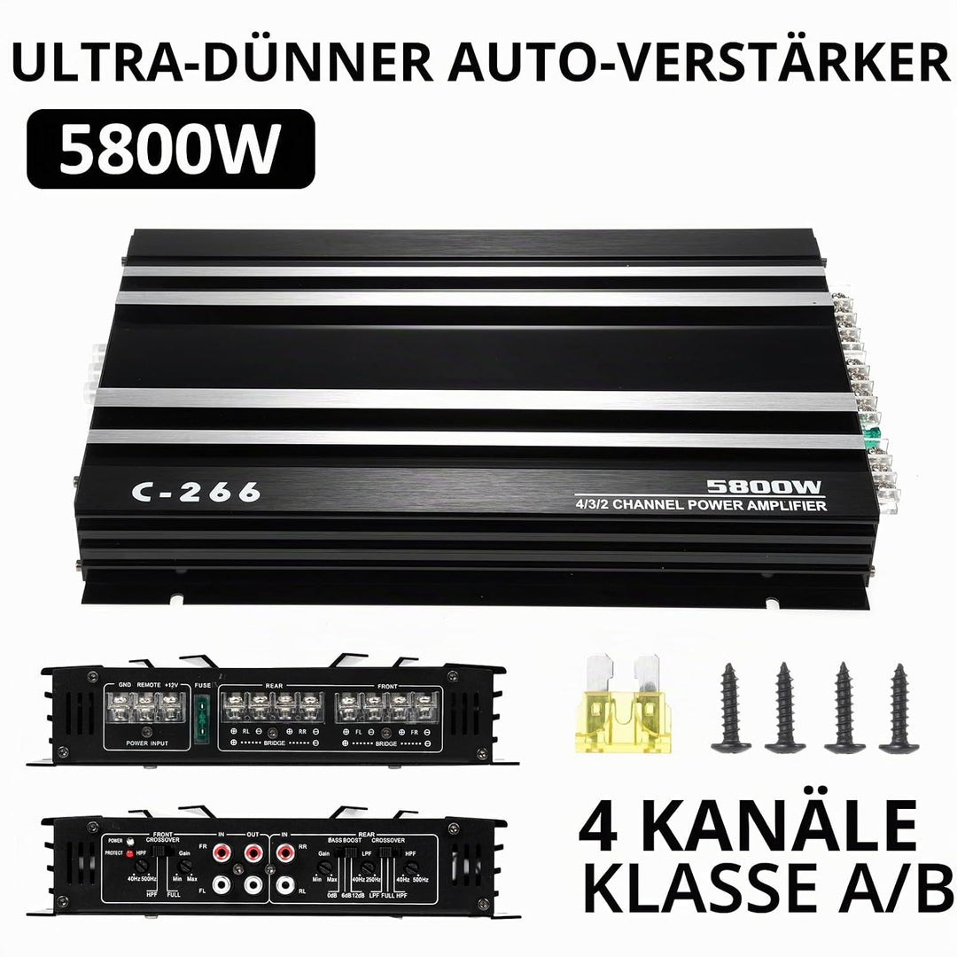 Shkalacar 4 Kanal Car Audio Verstärker, 5800W 12V Hochleistungsverstärker mit mehreren Kühllöchern,