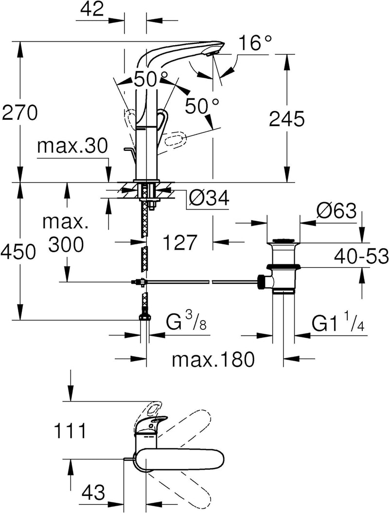 GROHE Eurostyle Einhand-Waschtischbatterie, L-Size, 23569003, Chrom L offener Metall-Hebelgriff (chr