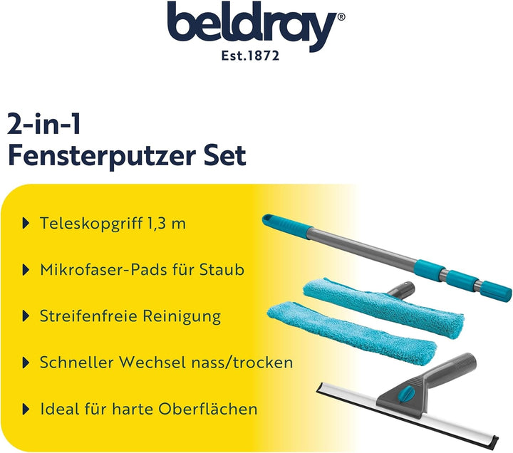 Beldray LA028693TQEU 2in1 Fensterreinigungsset, 5 stuck Mikrofaser Fusselfreie Reinigung, 360° strei