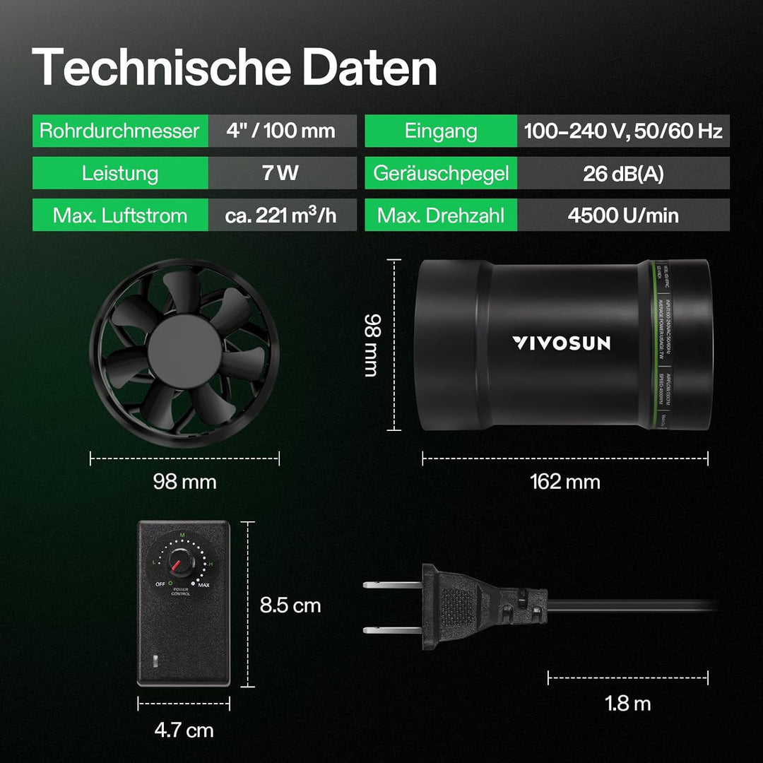 VIVOSUN Rohrventilator 100 mm mit Drehzahlregler, 221 m³/h leiser EC Rohrlüfter, Abluftventilator fü