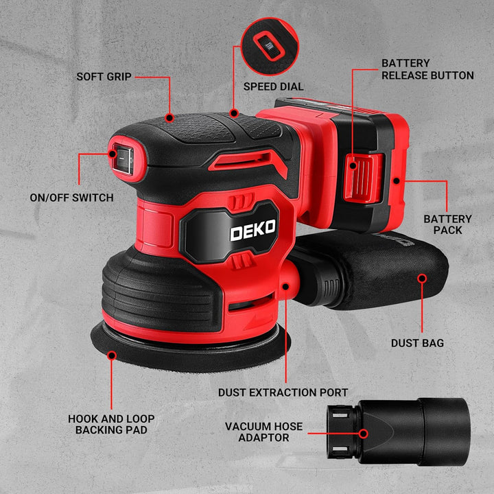 20V Exzenterschleifer Akku 125mm: DEKOPRO Schleifmaschine für Holz,6 variable Geschwindigkeiten, 125