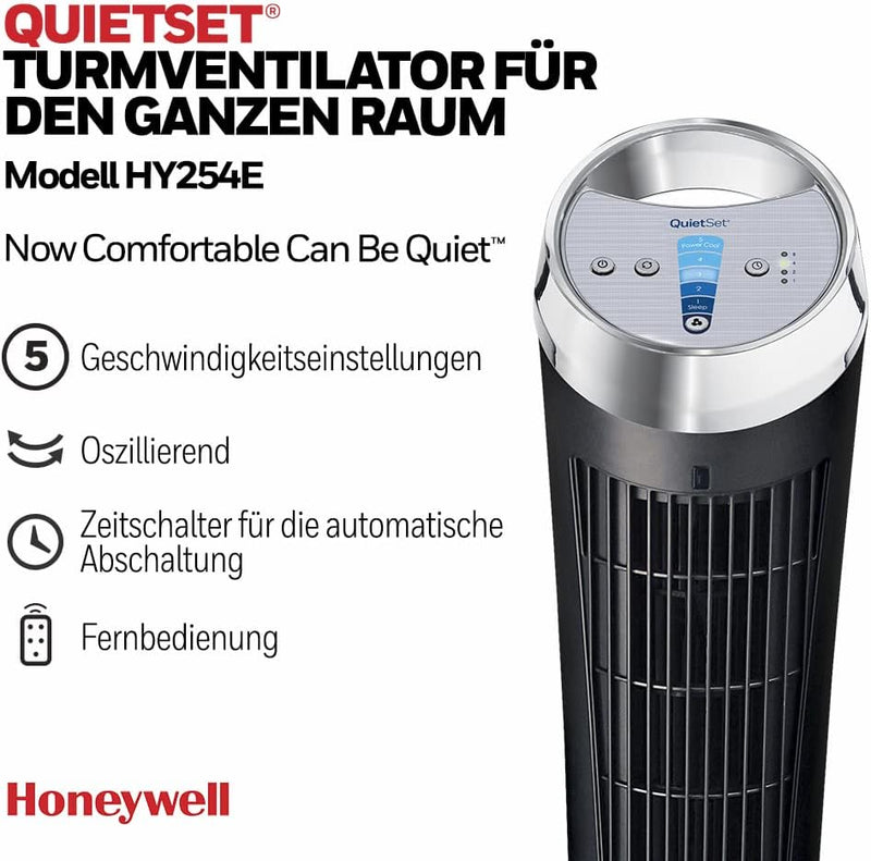 Honeywell QuietSet Turmventilator (5 Geschwindigkeitseinstellungen, Oszillation 75°, Timer-Funktion,