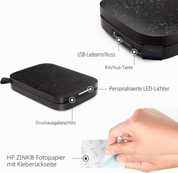 HP Sprocket Portable 2x3 Zoll Sofortbilddrucker (Schwarz) Zink-Papierbündel, Schwarz