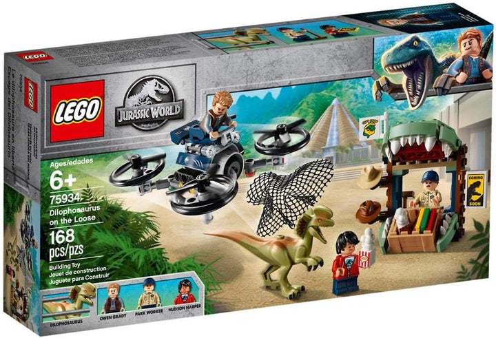 LEGO 75934 Jurassic World Dilophosaurus auf der Flucht Set mit 3 Minifiguren, Drohne und Dinosaurier