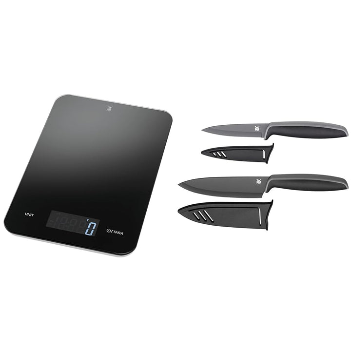 WMF Digitale Küchenwaage 23 x 15 x 2 cm, Backwaage, schwarz & Touch Messerset 2-teilig, Küchenmesser