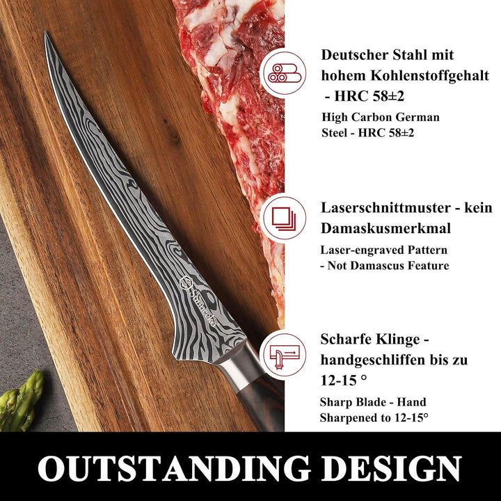 Sunnecko 15cm Filetiermesser Küchenmesser Kochmesser Profi Messer - Fleisch Profi Küchenmesser Messe