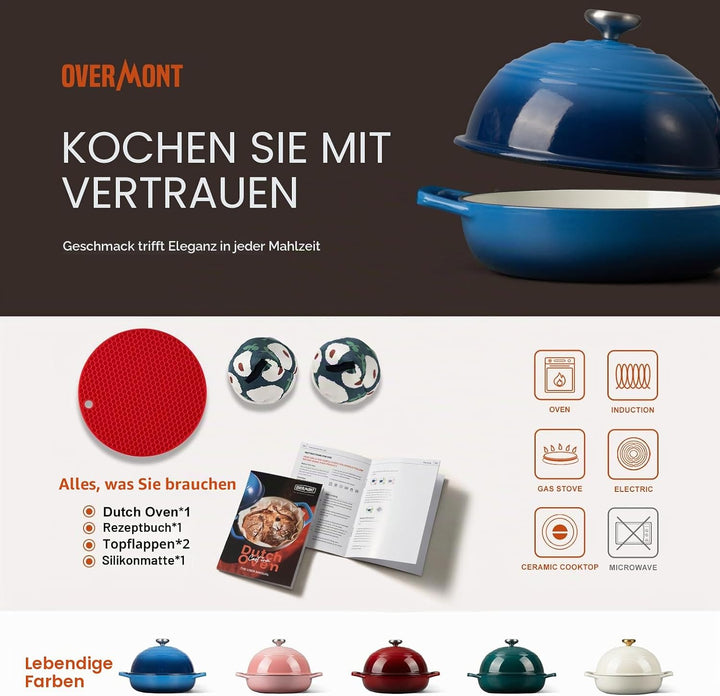 Overmont Gusseisen Topf Emaille Brotbacktopf - 5.7L Bräter Schmortopf mit Deckel und Kochbuch – für