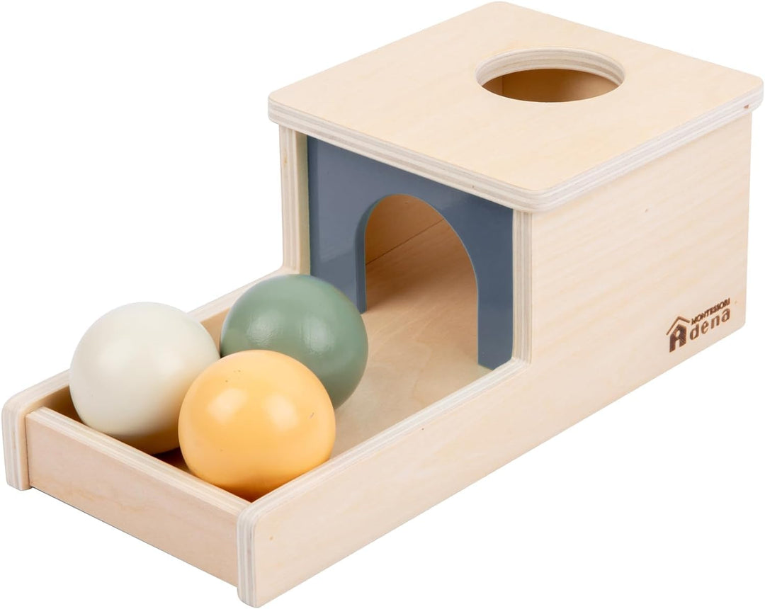 Adena Montessori Object Permanence Box mit Tablett, DREI Holzkugeln, Montessori-Spielzeug für 6–12 M