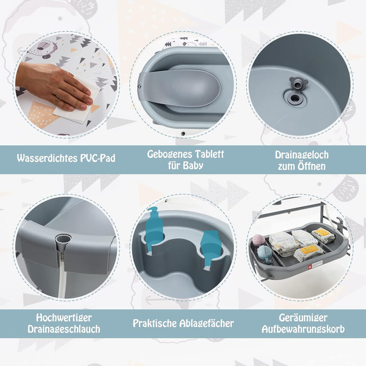 DREAMADE 2 in 1 Wickeltisch & Badewanne mit Gestell, Wickeltisch Klappbar, Wickelkommode auf Rollen