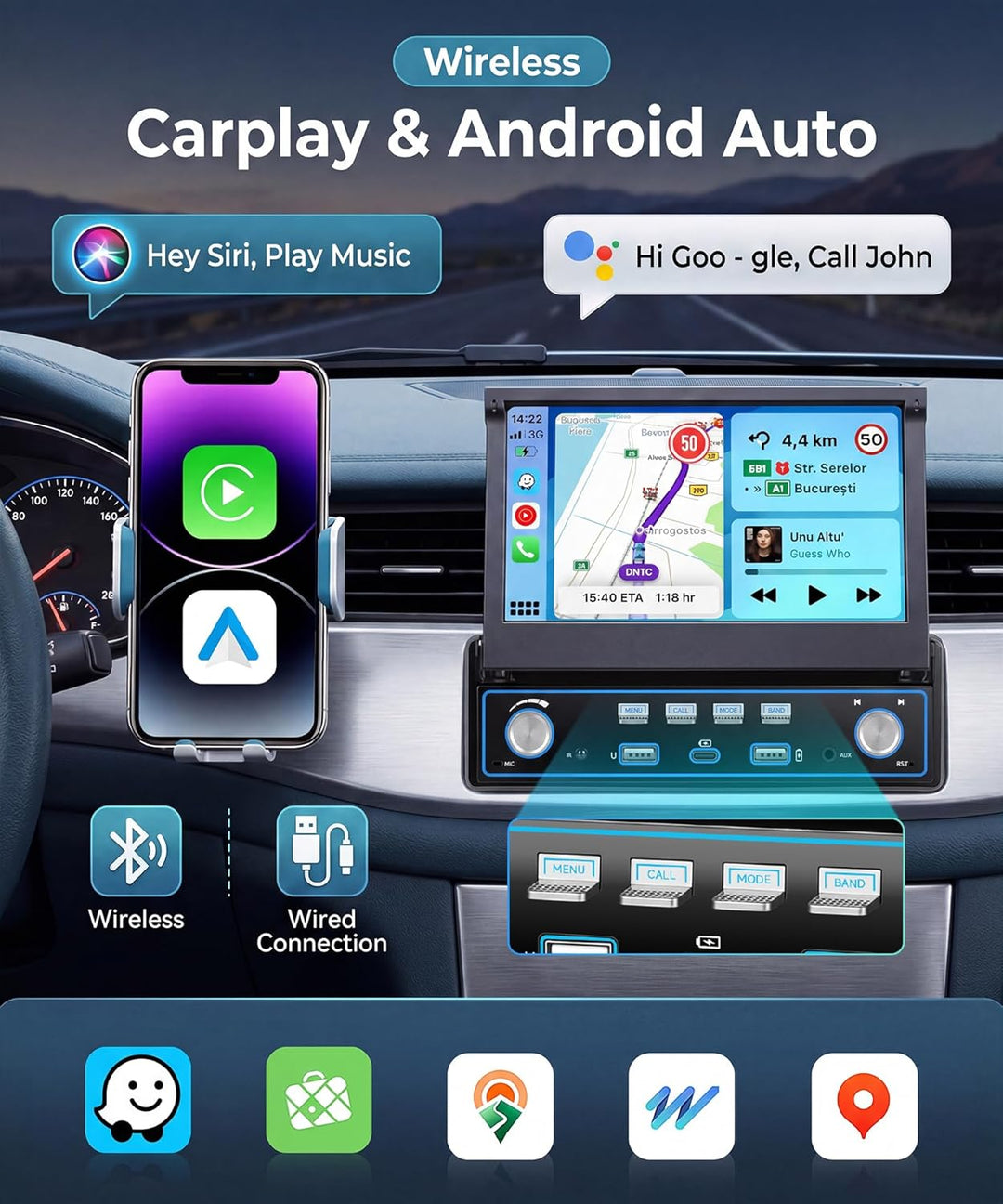 VECHTEL Autoradio 1 Din Carplay Android Auto Wireless mit 7 Zoll Manuell ausziehbarer Bildschirm mit