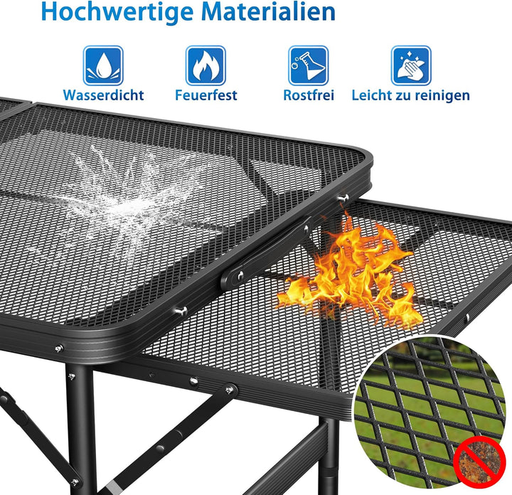Tragbarer Campingtisch 90x60cm, Höhenverstellbar & Klappbar Gartentisch mit Metallgitterplatte, Erwe