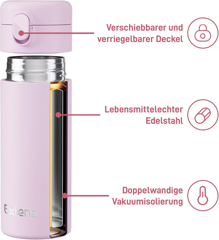 Exllena Kleine Thermosflasche 380ml mit Einhand-Flip-Deckel - Mini Thermosflasche aus Edelstahl, 100