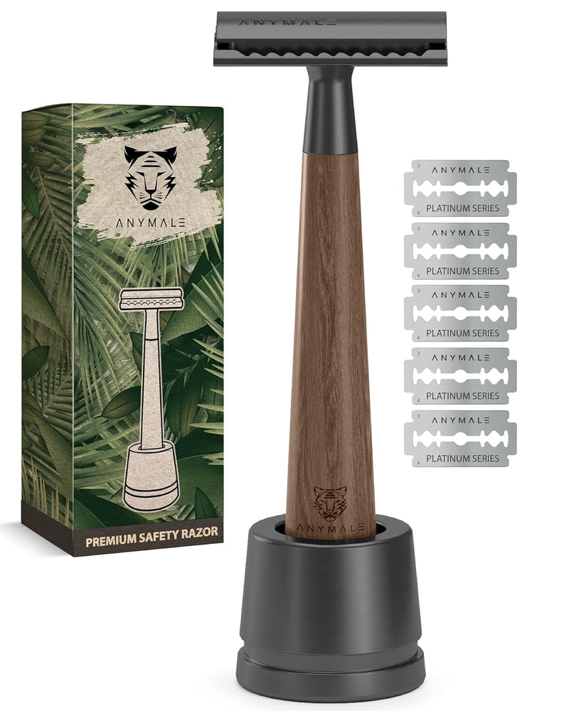 ANYMALE® Rasierhobel aus Walnussholz - Set mit Ständer und 5 ASTRA Klingen - Zero Waste Rasierer für
