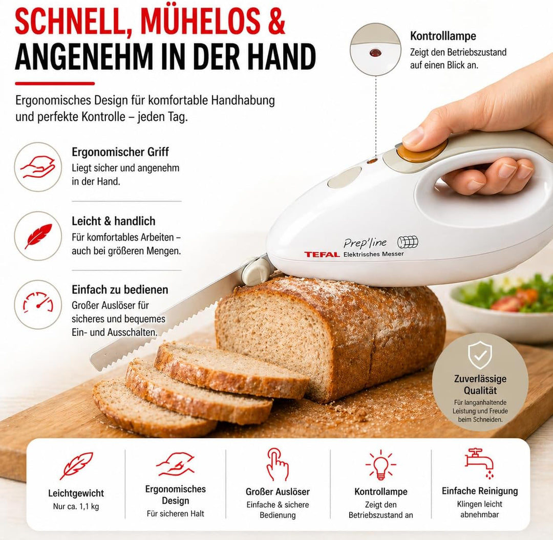 Tefal 8523.31 Elektrisches Messer | 100 Watt | Edelstahlkling | geeignet für Tiefkühl-Gut | weiss/gr