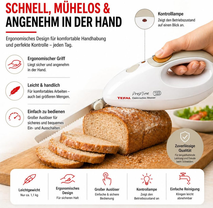 Tefal 8523.31 Elektrisches Messer | 100 Watt | Edelstahlkling | geeignet für Tiefkühl-Gut | weiss/gr