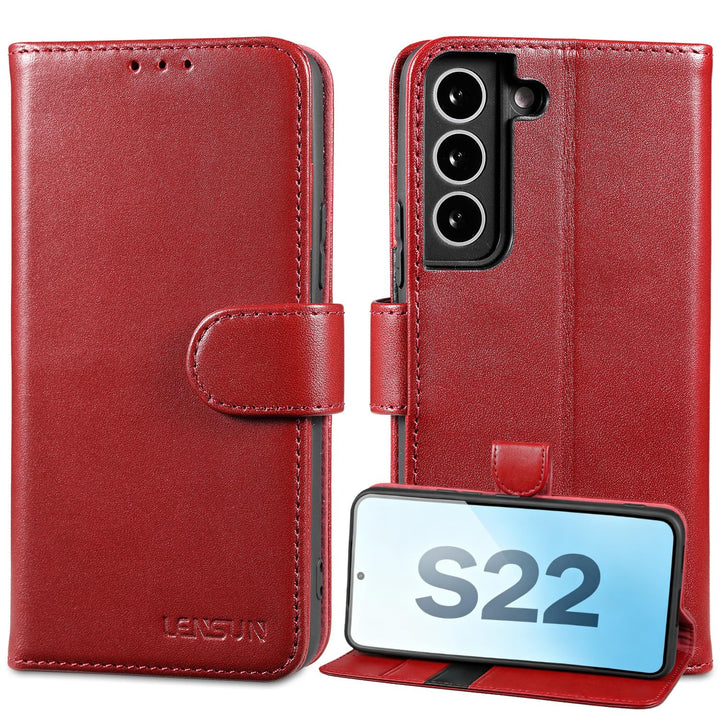 LENSUN Echtleder Hülle für Samsung Galaxy S22, Handyhülle Echt Leder Cover mit [Magnetverschluss] [R
