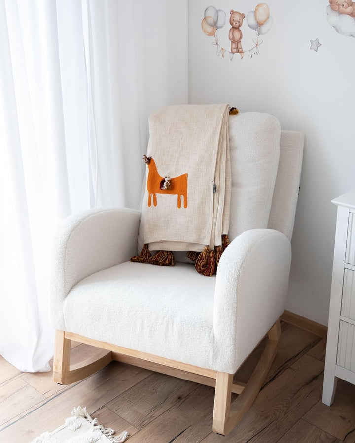 Deko Decke Baumwolle beige/orange mit Lama-Motiv Quasten 130x180 cm Khandwa