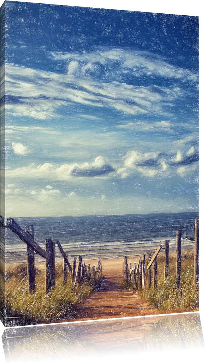 Pixxprint Weg zum Strand am Meer Kunst Buntstift Effekt, Format: 100x70 auf Leinwand, 100x70