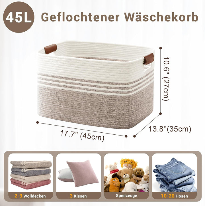 Wäschekorb Geflochten Klein aus Baumwollseil, 45L Aufbewahrungskorb mit Lederhenkeln, Korb für Decke