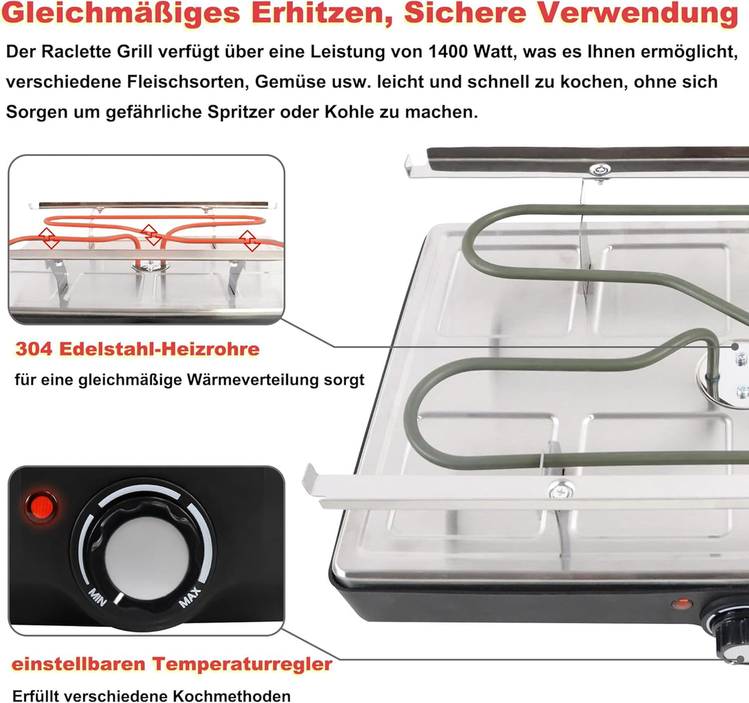 Raclette Grill für 8 Personen, Elektrischer Tischgrill 1400W, Antihaft-Racletteplatte, inkl. 8 Pfänn
