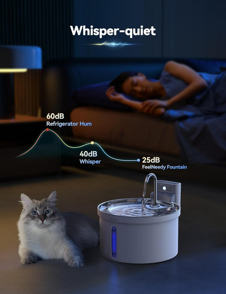 FEELNEEDY 3,5L Katzenbrunnen Edelstahl Kabellos mit Sensor, Trinkbrunnen für Katze mit Akku 4000mAh