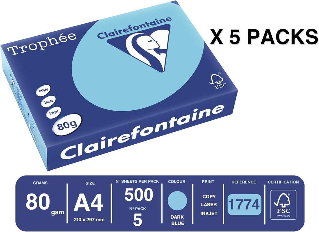 Clairefontaine 1774C - Karton mit 5 Ries Druckerpapier / Kopierpapier Trophee, intensive Farben, DIN