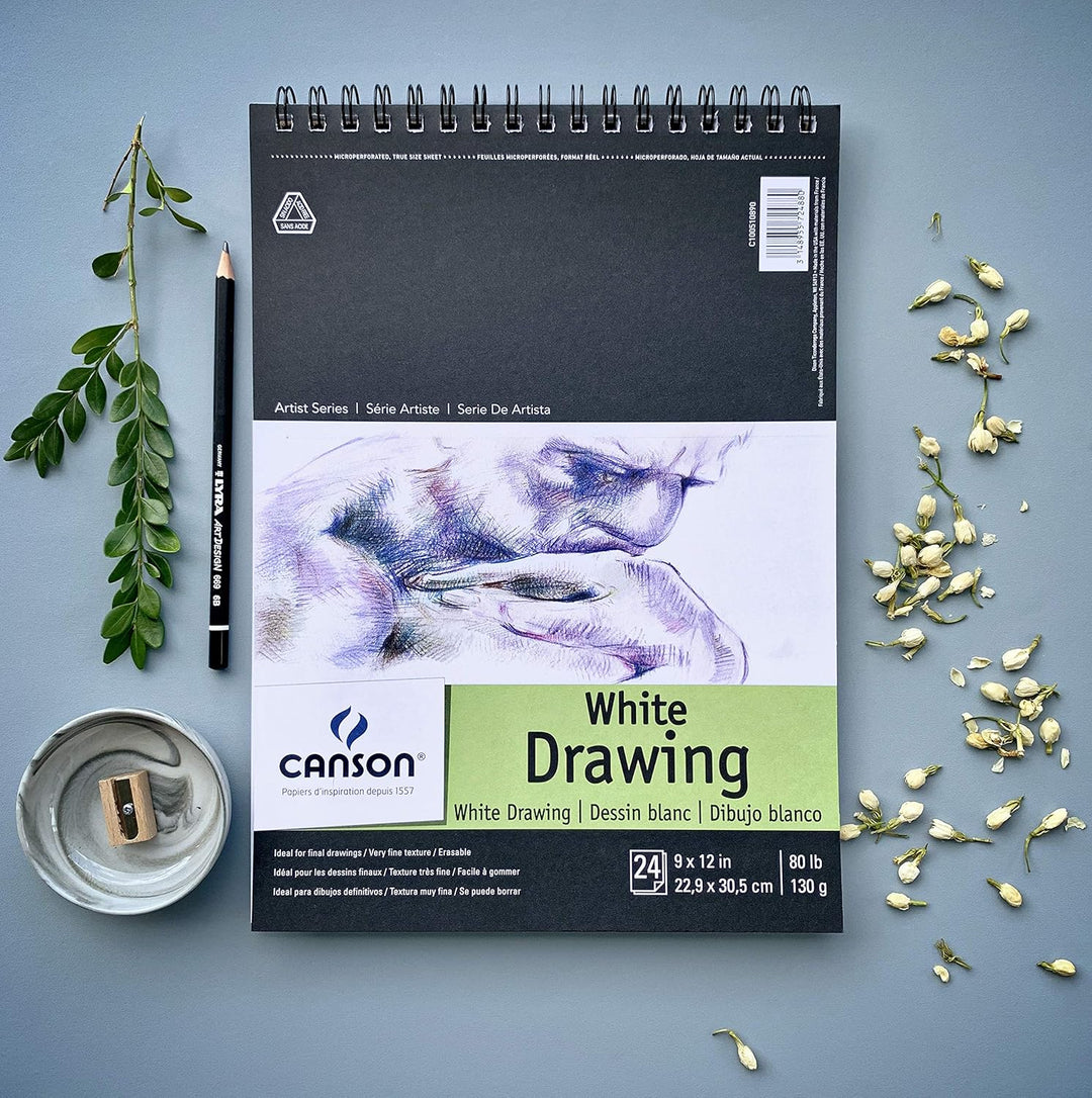Canson Artist Series 1557 Pure White Drawing Paper Pad, Fine Texture, Top Wire Bound, 80 Pound, 9 x