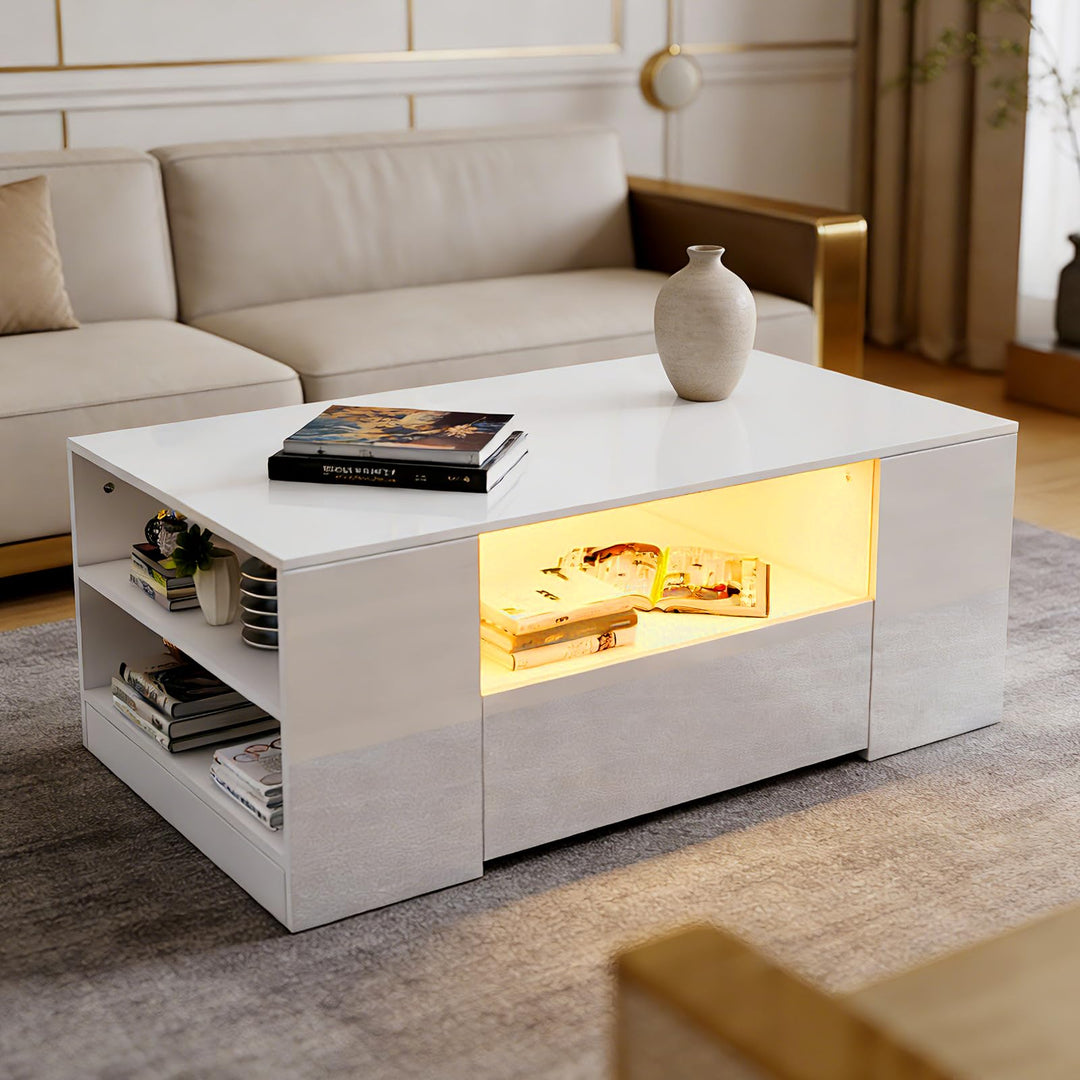 LED Couchtisch Wohnzimmertisch mit Regal Hochglanz Modern Beistelltisch Kaffeetisch mit 2 Schubladen