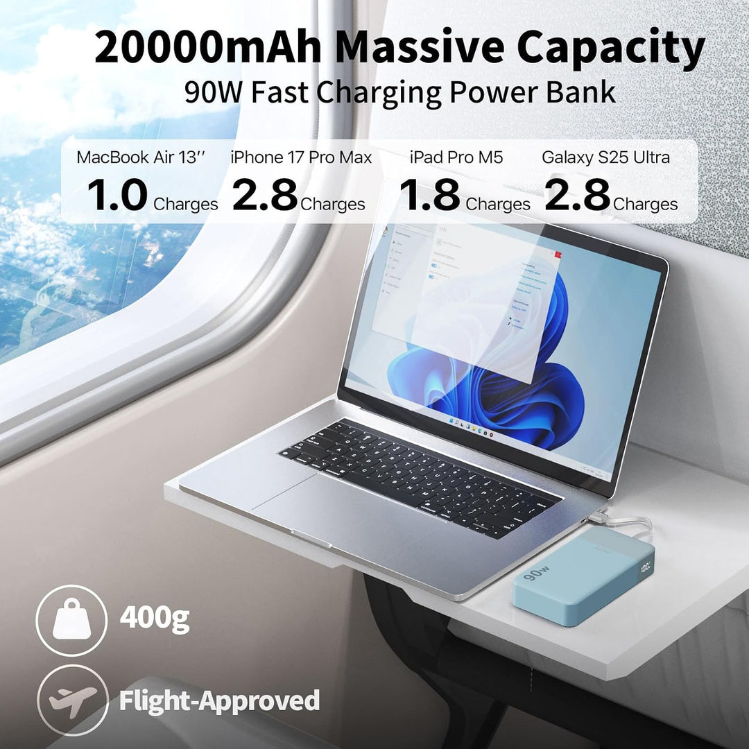 JUOVI Laptop Power Bank 20000mAh 90W, USB C Tragbarer Ladegerät Powerbank Schnellladefunktion 4-Port