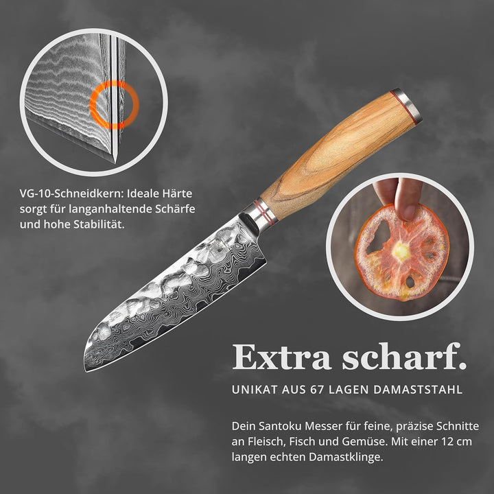 zayiko Olive Damastmesser kleines Santoku 12cm Klinge extrem scharf aus 67 Lagen I Damast Küchenmess