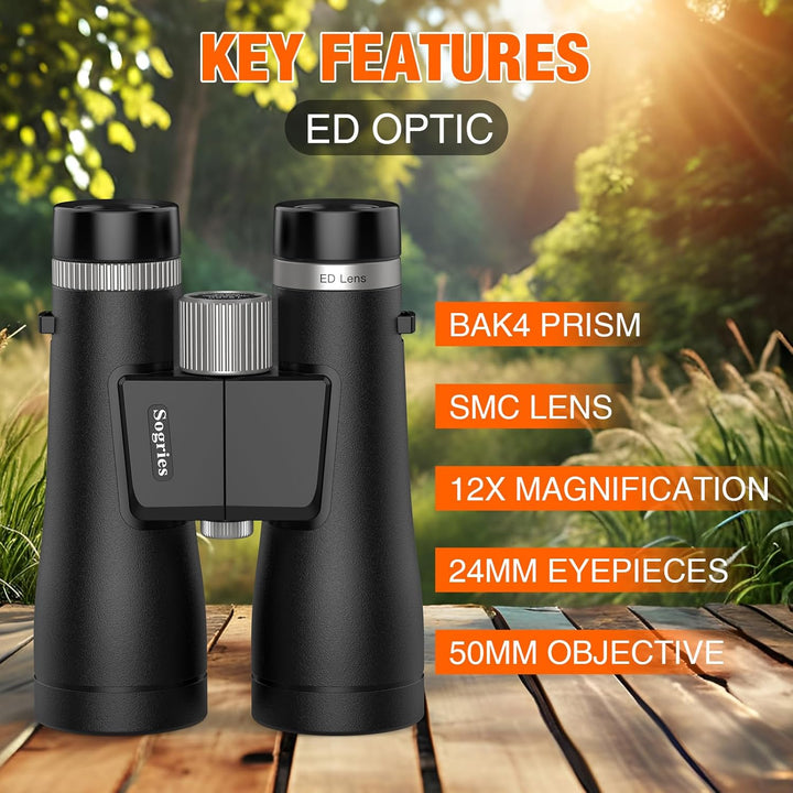 12x50 ED Fernglas für Erwachsene – Professionelles Dachkantprisma, HD-Optik, Rutschfester Griff, IPX