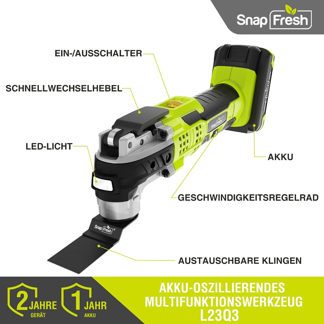 SnapFresh 20V Akku Multifunktionswerkzeug, Oszillierendes mit 6 Geschwindigkeitsstufen, 2,0Ah Akku &amp;
