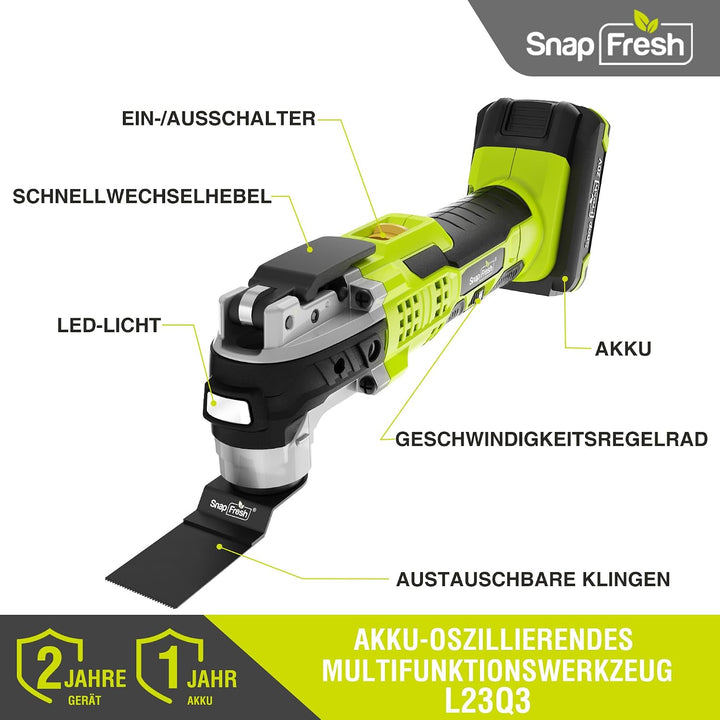 SnapFresh 20V Akku Multifunktionswerkzeug, Oszillierendes mit 6 Geschwindigkeitsstufen, 2,0Ah Akku &amp;