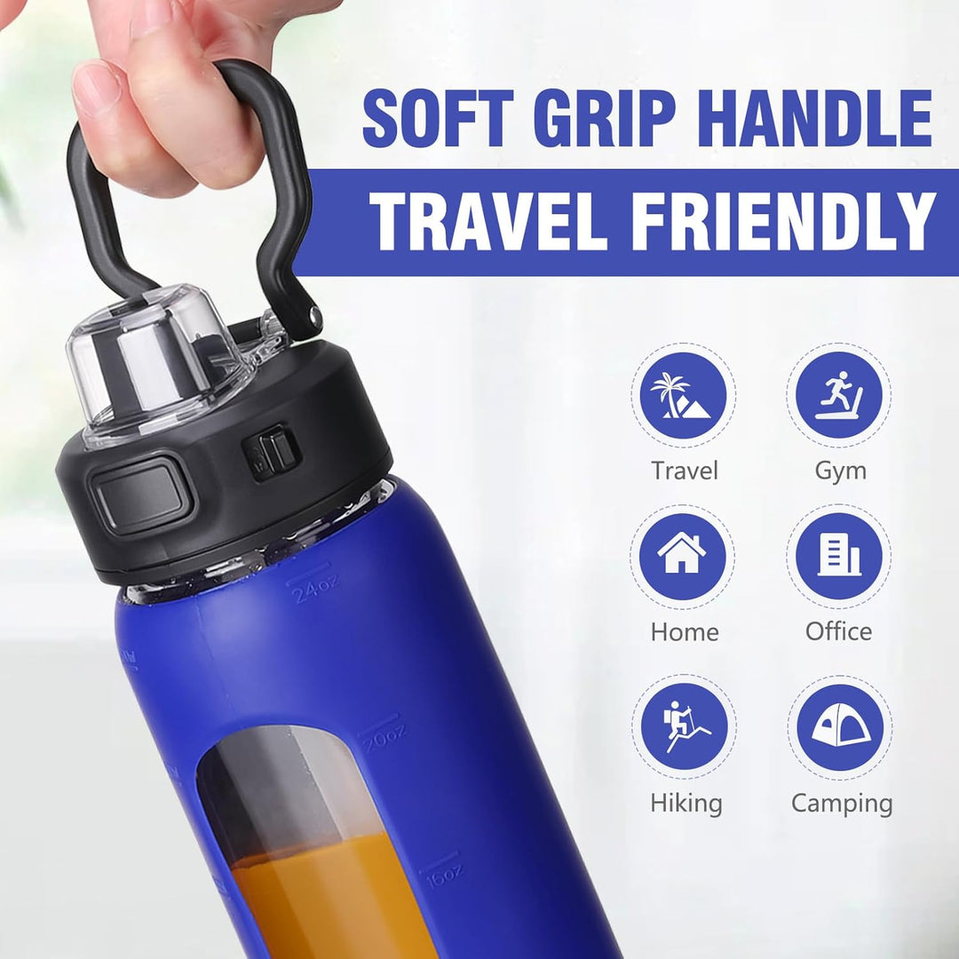 BLUEGO 700ml Trinkflasche Glas mit Strohhalm und Griff Auslaufsichere Wasserflasche mit Silikonhülle