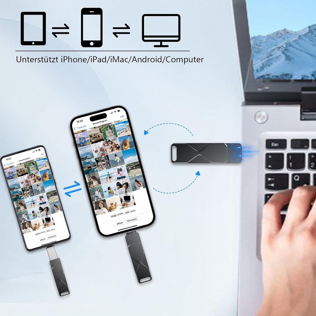 USB-Stick 256GB für iPhone iPad, MFi-zertifizierter Lightning 3-in-1 Externer Speicherstick, USB-Fla