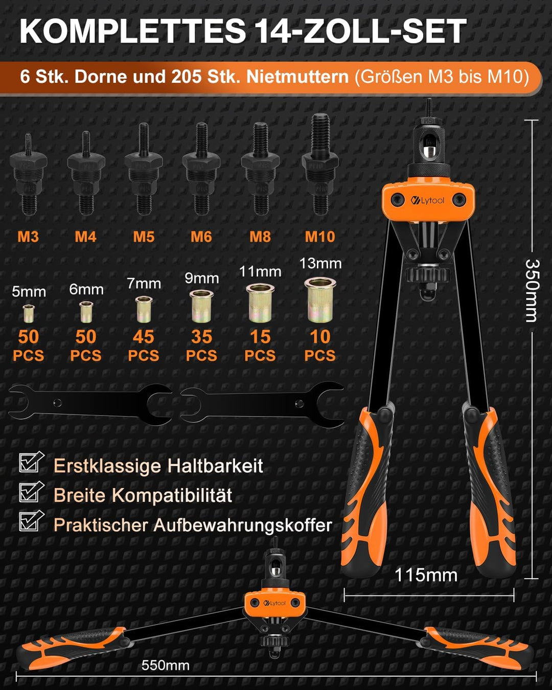 Nietmutternzange Set, Lytool Blindnietmutternzange mit 205 Stk. Nietmuttern in 6 Grösse Dorne Nietma