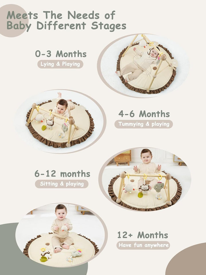 COTTONBEBE 4 IN 1 Spielbogen Baby, Spielmatte Babies mit Natur Holz Activity Spielbogen, 3 abnehmbar